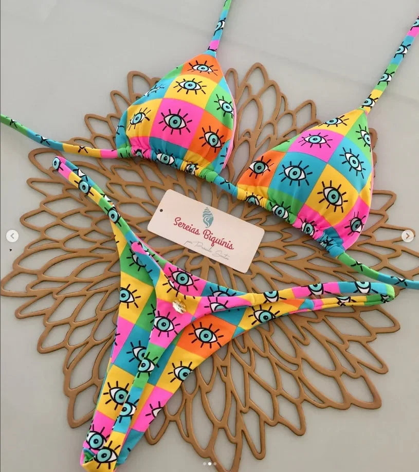 Print Sexy Bikini-Set – Y2K Neckholder & Lace-Up Design